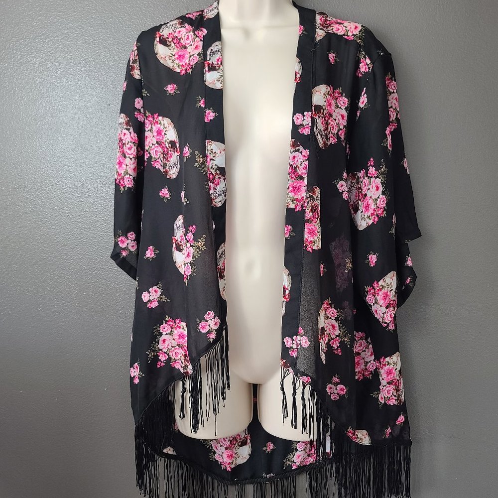 Hot Topic Floral Skull Print Fringe Hem Sheer Black & Pink Kimono
